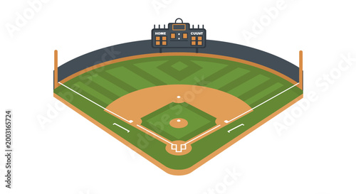 Isometric baseball field illustration with scoreboard and green grass, perfect for sports and game graphics