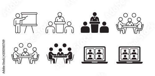 Business Meeting and Presentation Icon Set for Video Conferencing and Seminars