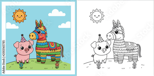 Cute Cartoon Piglet with Party Hat and Colorful Pinata Standing on a Grassy Hill Under a Smiling Sun