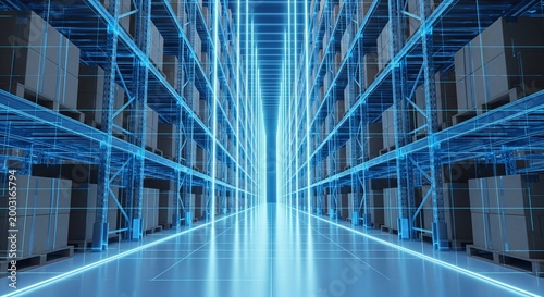 Futuristic Digital Warehouse Interior with Glowing Blue Data Grid Overlay on Shelves and Boxes