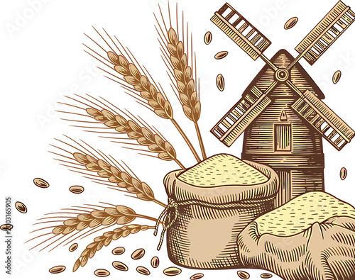Vintage windmill with wheat stalks and sack of flour in woodcut style on transparent background for. Vector illustration