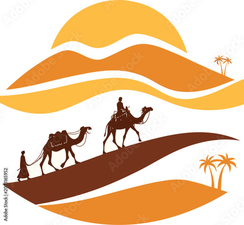  Camel caravan in a desert oasis with date palm trees and golden sand dunes, isometric vector illustration.
