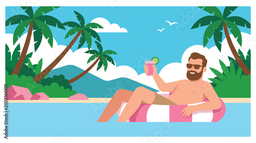 Relaxed man with beard floating on pink inflatable ring in tropical turquoise ocean water.