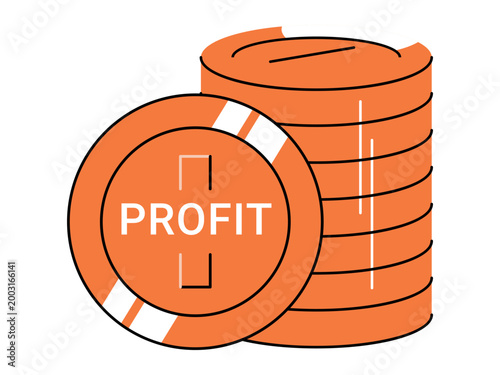 Stack of orange coins with profit text vector illustration. Business growth, financial success, investment wealth, banking savings, currency earnings, market trading. Metallic cash for revenue