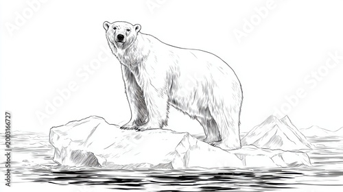 Polar Bear on Iceberg in Black and White Sketch Style Illustration