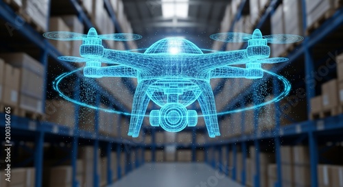 Futuristic holographic drone visualized in a modern warehouse inventory management system