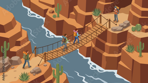 Foto A vibrant illustration of hikers using a rope bridge in a desert landscape represents adventure, exploration, and the thrill of outdoor experiences among cacti and nature