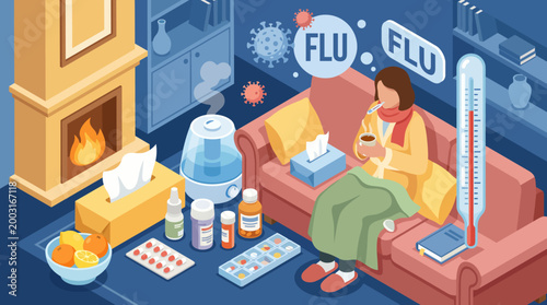 An isometric depiction of a woman feeling unwell at home surrounded by flu symptoms, medical supplies, and comfort items like tissues and hot drinks, emphasizing home remedies.