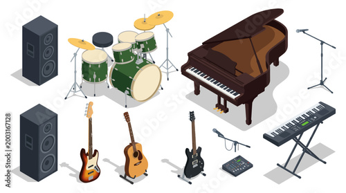 This image showcases a diverse collection of musical instruments, including a grand piano, drums, guitars, and microphones, perfect for music enthusiasts and professionals.