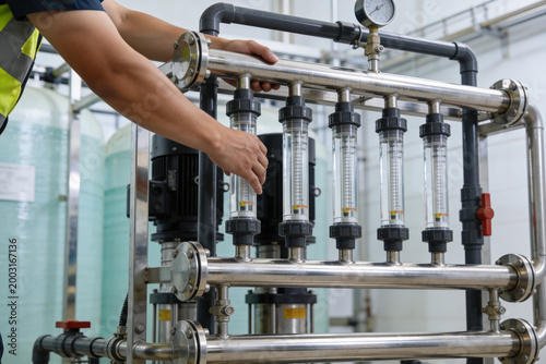Industrial worker checks flow meters on a water purification system with multiple tanks