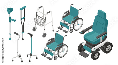 A collection of diverse mobility aids including wheelchairs and crutches, presenting the importance of accessibility and support for individuals with mobility challenges.