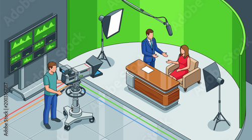 A professional broadcast studio featuring a green screen, cameras, lighting equipment, and crew members, ideal for television shows and video productions.