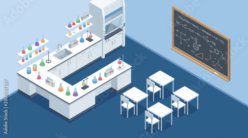 This modern science lab illustration displays an educational setup with various laboratory equipment, inviting curiosity and learning for students and educators in scientific disciplines.