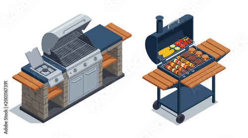 An outdoor barbecue setup featuring a modern gas grill and delicious food items, symbolizing leisure, culinary enjoyment, and social gatherings in a backyard setting.