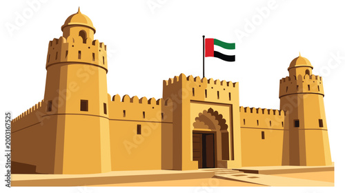 Ancient fort building with uae flag architectural illustration of historical structure.