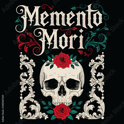 Vintage Memento Mori skull design with roses and leaves ornaments  