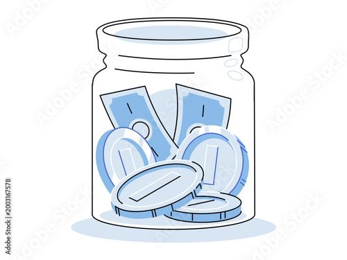Glass jar filled with banknotes and coins vector illustration. Savings, finance, investment, budget planning, retirement fund, capital growth. Transparent container with cash and change