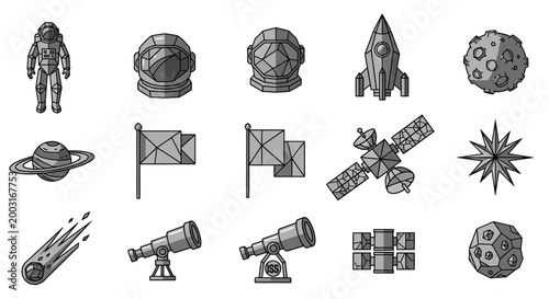 Space Icons Set: Astronaut, Rocket, Planet, Satellite, Telescope, Meteorite, Stars