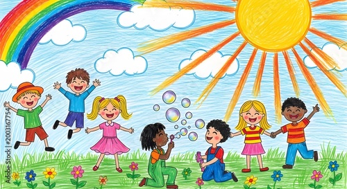 Colorful Crayon Drawing of Diverse Children Playing in a Sunny Meadow with Rainbow
