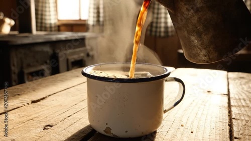 Pouring Hot Coffee Into Vintage Enamel Mug On Rustic Wooden Table - Cozy Cabin Morning Scene
