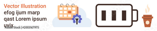 Productivity, time management, data security, technology usage, energy boost, workflow planning. A calendar, gear symbol battery icon and coffee cup. Productivity and workflow planning