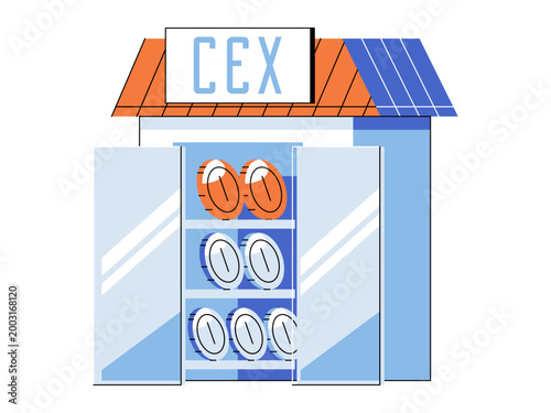 Centralized exchange building with glass doors and crypto coins vector illustration. Digital trading, fintech app, blockchain asset, investment, market, crypto economy. CEX storefront shop