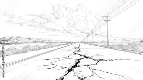 Cracked Road with Telephone Poles and Extensive Landscape in Sketch