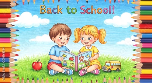 Back to School Illustration of Two Children Reading a Book in a Meadow with Pencils Frame