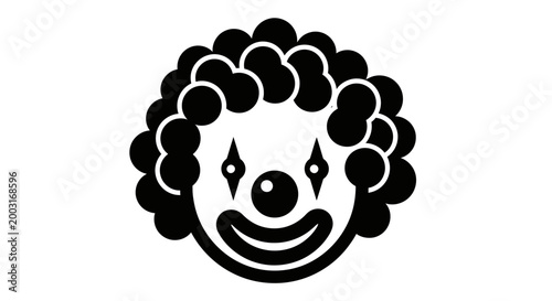 Clown face with curly hair smiling.