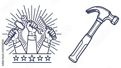 Linear illustration of worker hands with tools and steel hammer on clean white background.