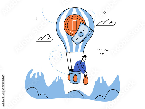 Man flies a lightbulb balloon with money over mountains vector illustration. Financial growth, startup launch, creative strategy, wealth, profit, success. Entrepreneur piloting air transport