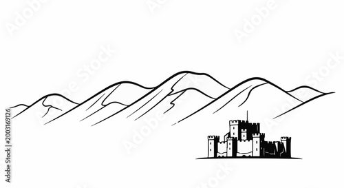 Stylized mountains rise above a stark silhouette of a medieval castle