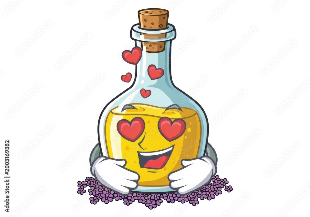 Obraz premium cheerful love potion bottle with floating hearts and happy face in purple lavender setting