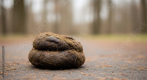 Close-up of animal dung on a paved path in a forest park