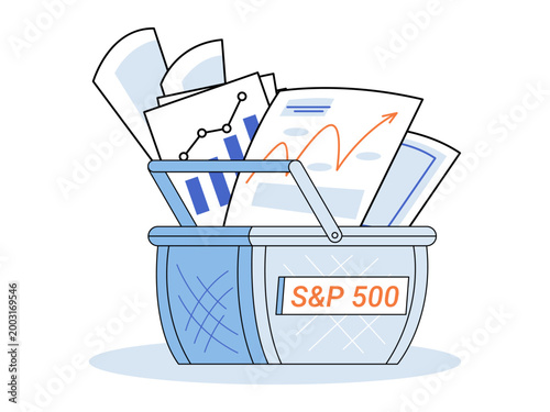 Shopping basket with financial charts vector illustration. Stock market analysis, index funds, portfolio growth, trade strategy, wealth management, finance tips. Market carrier with business graphs