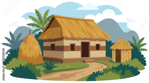 Simple thatched house in a lush tropical landscape with mountains and greenery.