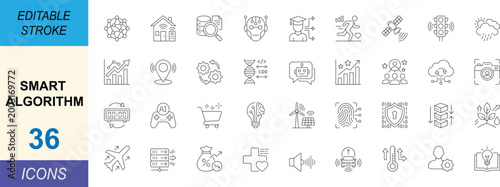 Smart algorithm and AI line icon set featuring automation, machine learning, data analytics, cloud computing, security, and digital technology concepts, ideal for UI, dashboards, and tech projects.