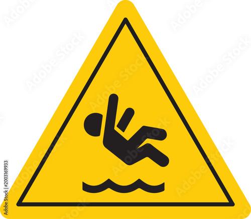 water hazard warning sign with falling person icon, drowning risk caution triangle safety symbol