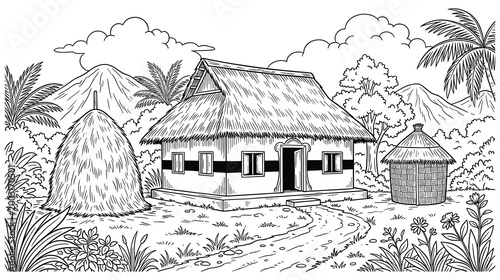 Traditional thatched roof hut in a vibrant rural landscape with mountains and foliage.