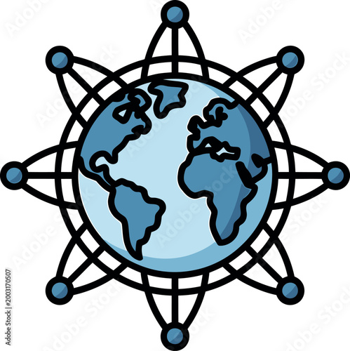 Vector illustration Cartoon earth globe with interconnected network nodes for worldwide social and digital connectivity.