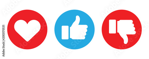 Colorful circular icons with heart like and dislike hand symbols for social media engagement and metrics.