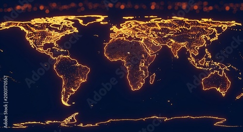 Global illuminated world map at night showing continents and city lights from space with a dark blue