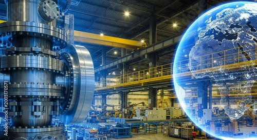 Global Industrial Manufacturing and Advanced Technology in a Modern Factory with Earth Globe Overlay