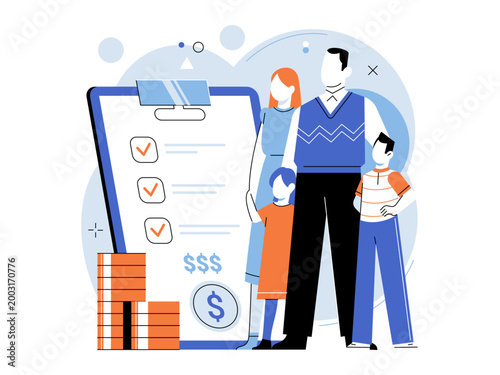 Family standing by a financial checklist vector illustration. Budget planning, life insurance, savings, investment, debt, household management. Parents and kids with money document