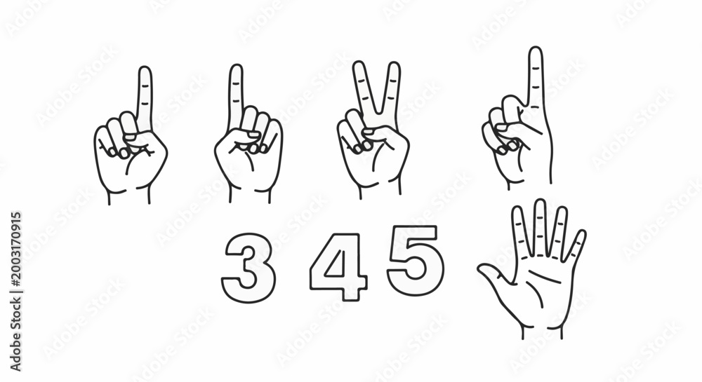 Fototapeta premium Minimalist line art of hand gestures and numbers 3, 4, and 5