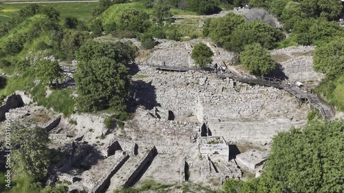 Aerial Drone View of Ancient Troy Archaeological Site in Canakkale Turkey UNESCO World Heritage Site