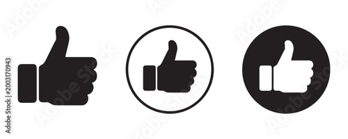 Three variations of thumbs up icons for positive feedback and user engagement on digital platforms set.