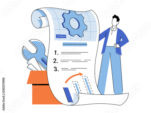 Engineer near technical instruction scroll vector illustration. Project planning, maintenance, documentation, management, repair, construction. Specialist stands beside a manual paper