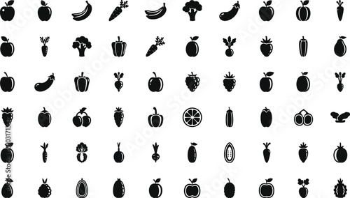 Assorted black silhouette of fresh fruits and vegetables for healthy eating concepts food