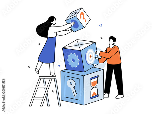 Man and woman stacking cubes with symbols vector illustration. Teamwork project management strategy problem solving goal achievement and development. Male and female colleagues arranging logic blocks